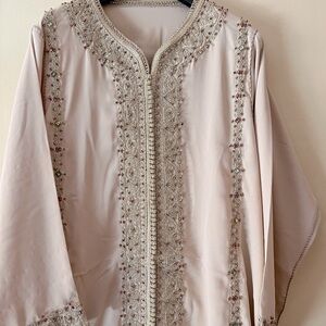 Moroccan authentic hand made Caftan in a chic classy blush pink comes w/ belt.